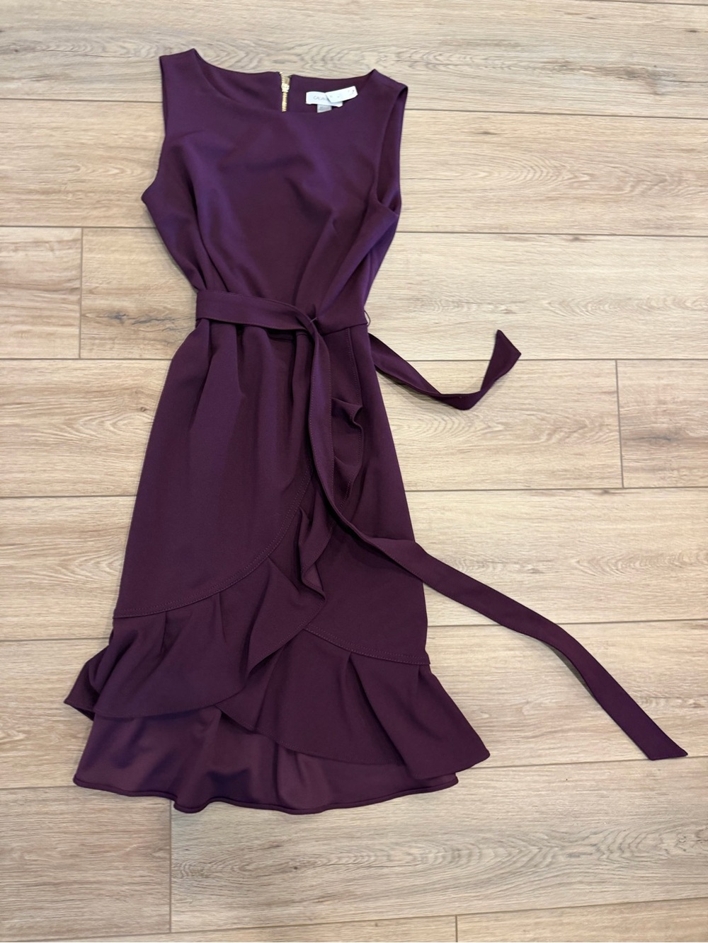 Calvin Klein Sleeveless Ruffle Hem Belted Dress in Plum